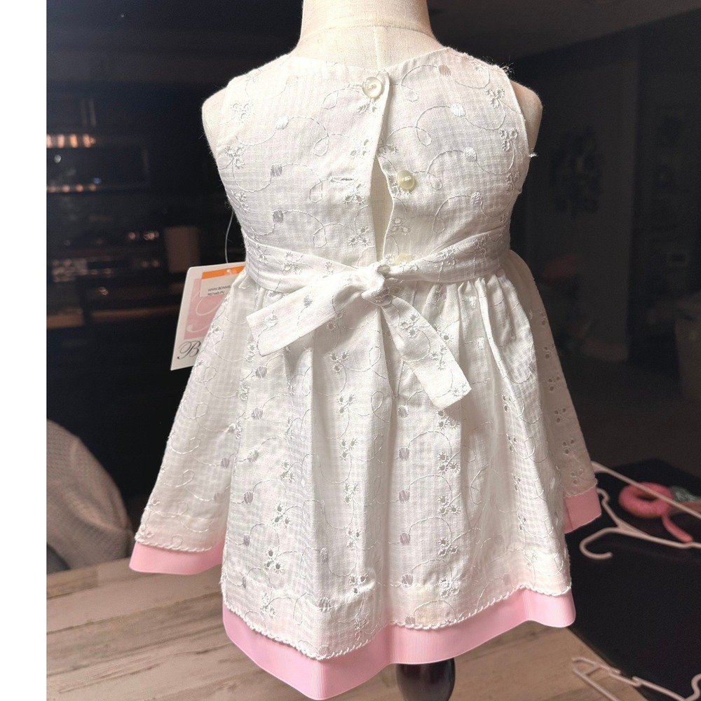 Bonnie Baby Embroidered Dress Kids 12M White Pink NEW Floral Ribbon R57443-PV - Picture 5 of 7